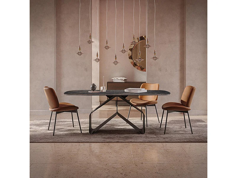 Table fixe à ruban - gris charbon, canon avec bord incliné, dessus en porcelaine portoro polie