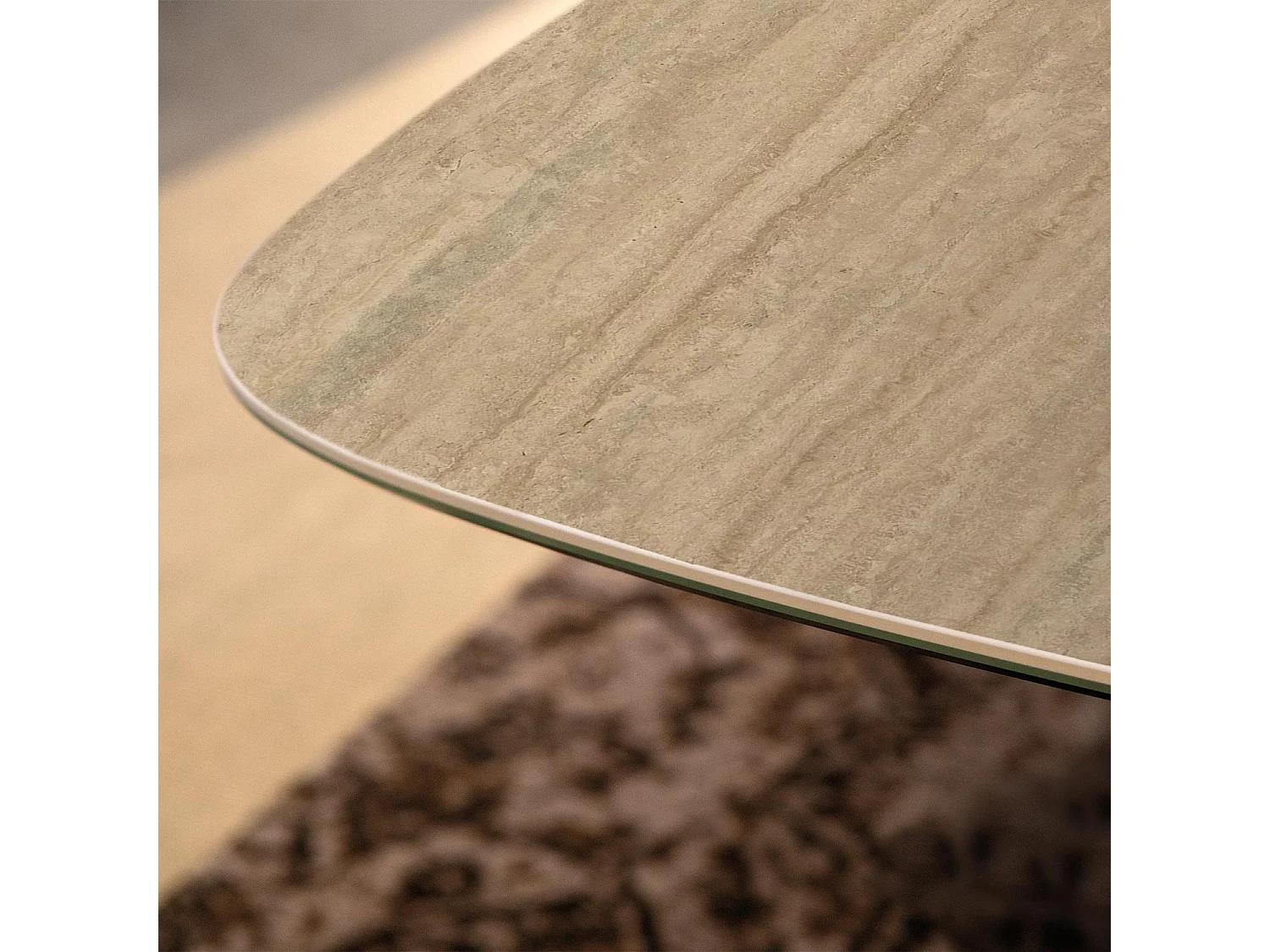 Table fixe en travertin tournant - gris charbon, canon à bord incliné, grès travertin en noyer