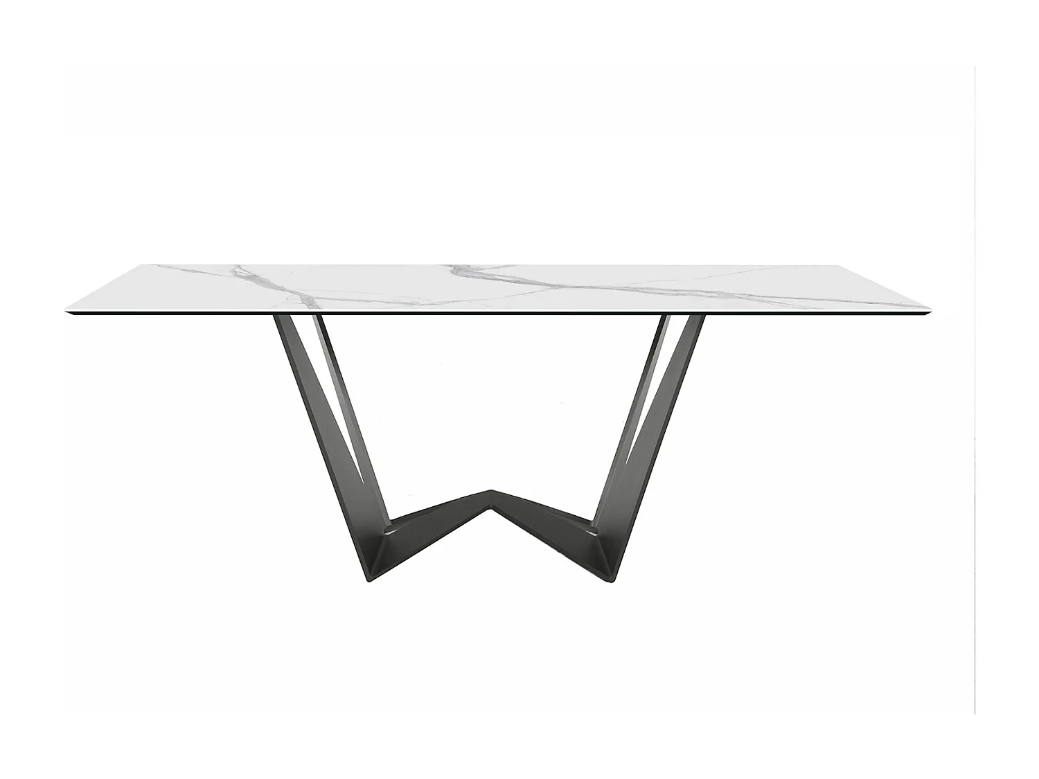 Table fixe mini inversée, surface en grès porcel en céramique gris anthras, rectangulaire à bord incliné. statuaires très élevées