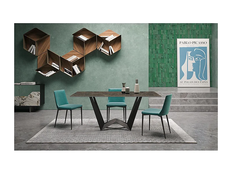 Table fixe miniature inverse en céramique gris charbon, rectangulaire à bord incliné, plateau en porcelaine emperador