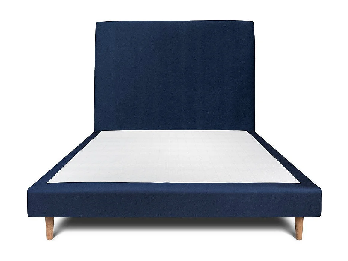 Lit 140x200cm avec tête de lit tapissier velours et sommier tapissier Bleu - Hauteur totale : 29cm
