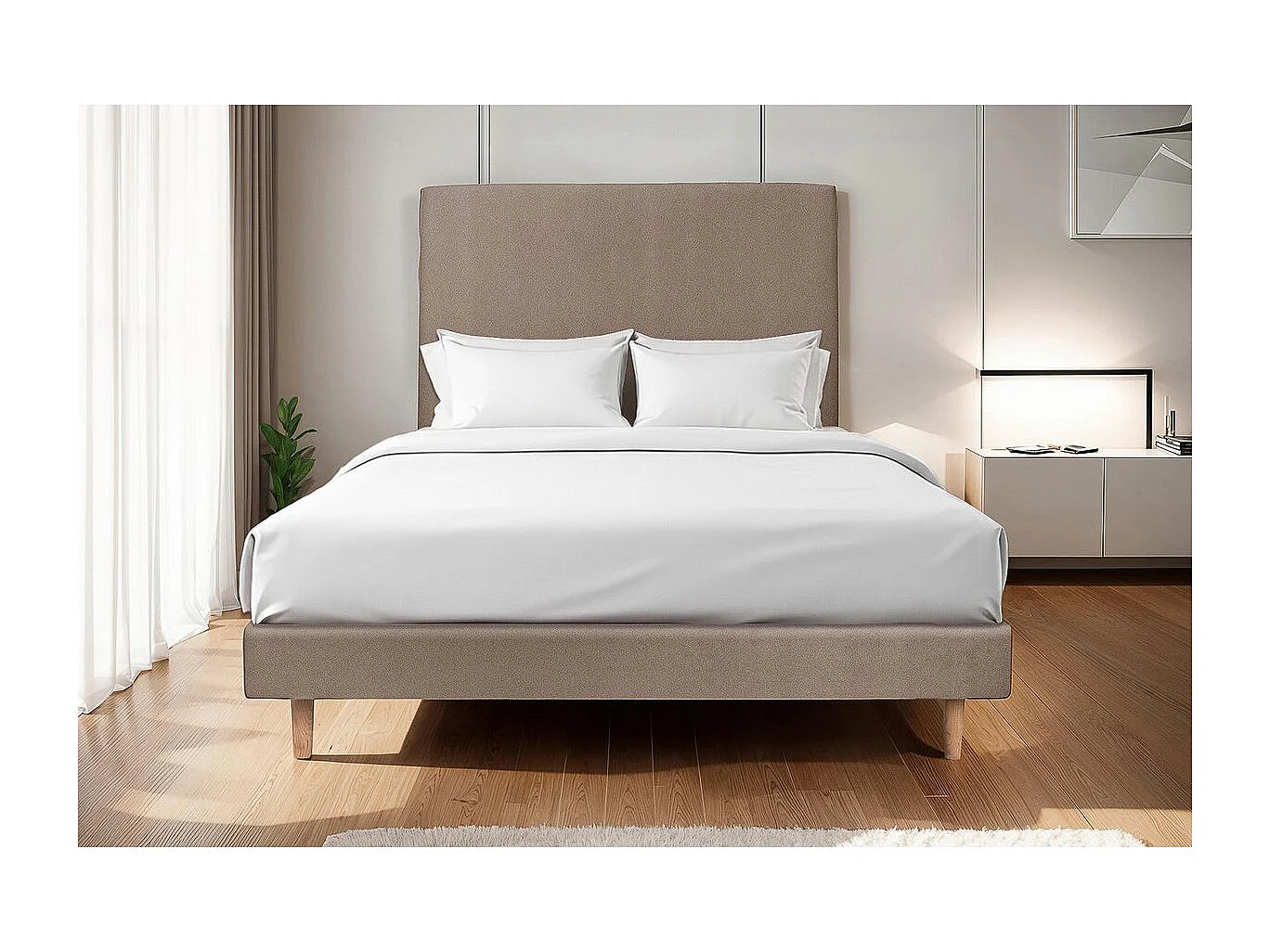 Lit 140x200cm avec tête de lit tapissier velours et sommier tapissier taupe - Hauteur totale : 29cm