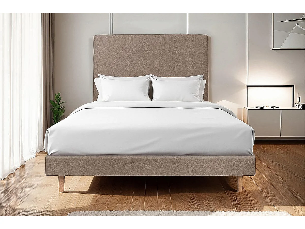 Lit 140x200cm avec tête de lit tapissier velours et sommier tapissier taupe - Hauteur totale : 29cm