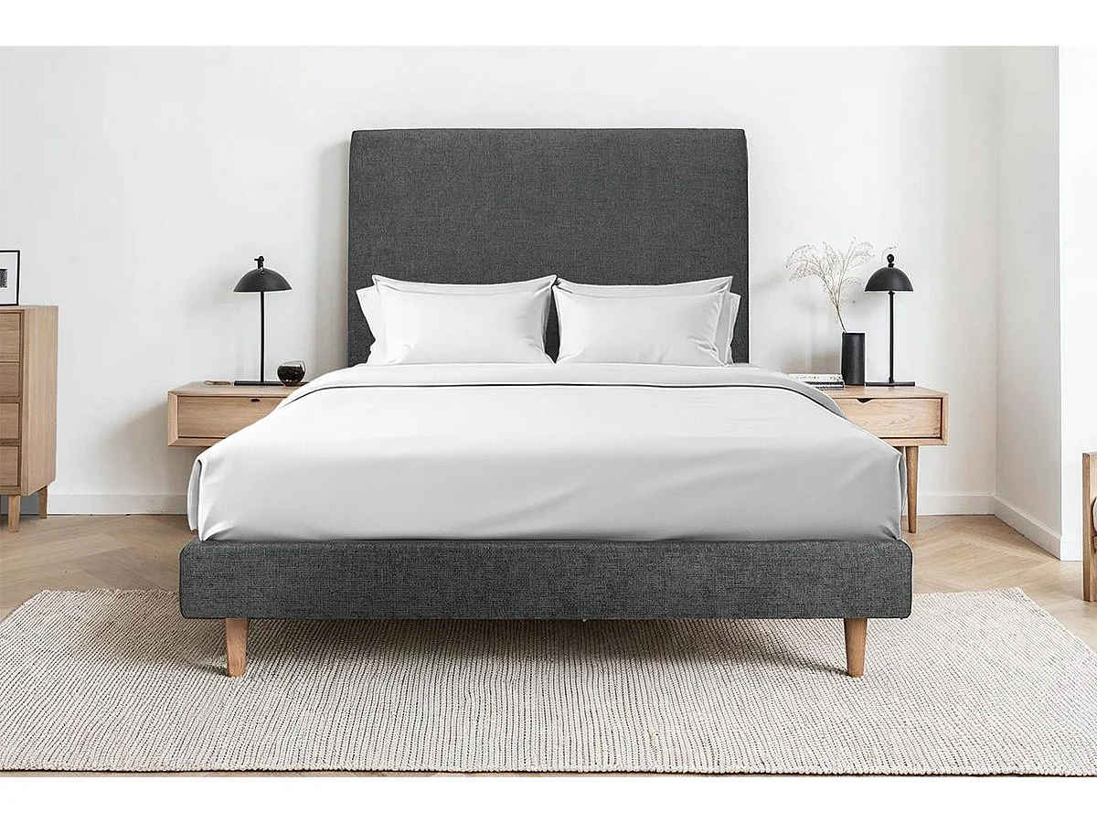 Lit 140x200cm avec tête de lit tapissier velours et sommier tapissier gris anthracite - Hauteur totale : 29cm