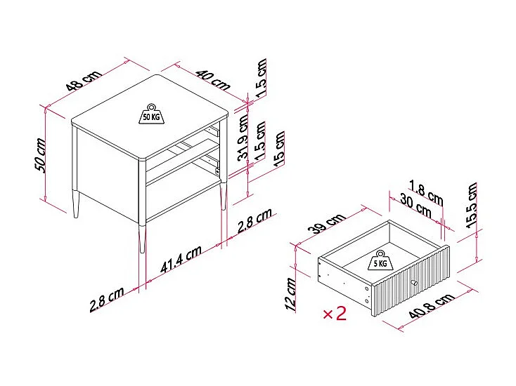 Lot de 2 chevet - 2 tiroirs - MDF - Beige et doré - CALITARO