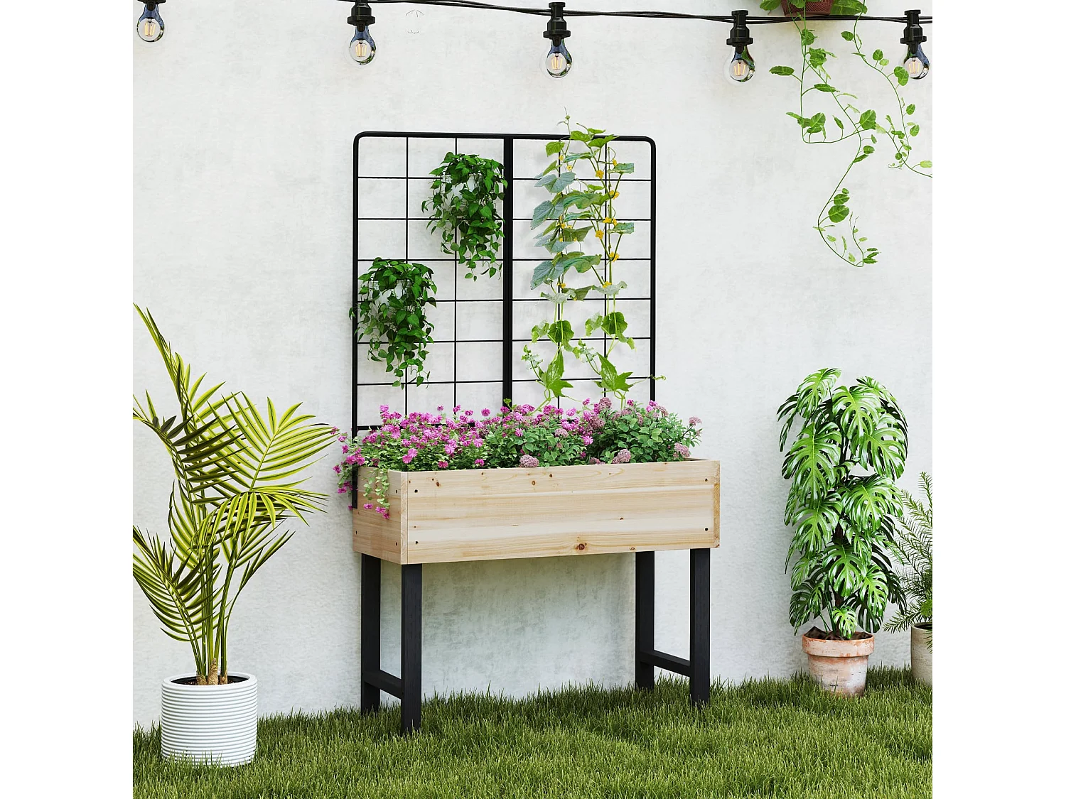 Jardinière Surélevée avec Treillis Métallique Bac à Plantes Élevé en Bois avec Pieds pour Plante Grimpante Vigne Fleur Herbe Légume Fruit