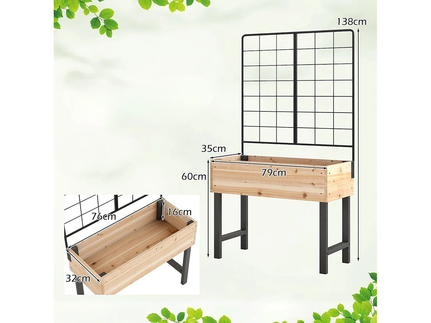 Jardinière Surélevée avec Treillis Métallique Bac à Plantes Élevé en Bois avec Pieds pour Plante Grimpante Vigne Fleur Herbe Légume Fruit