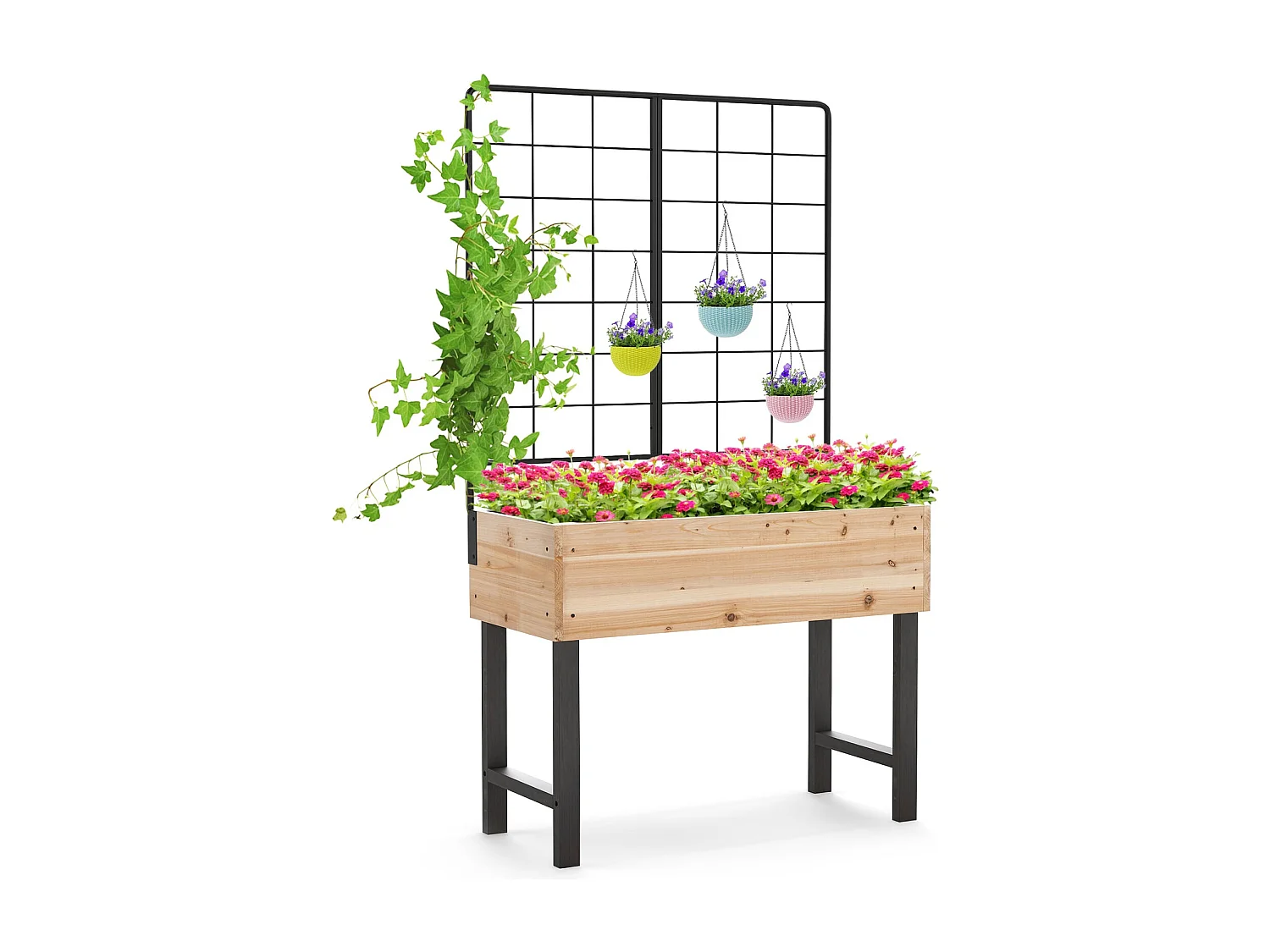 Jardinière Surélevée avec Treillis Métallique Bac à Plantes Élevé en Bois avec Pieds pour Plante Grimpante Vigne Fleur Herbe Légume Fruit