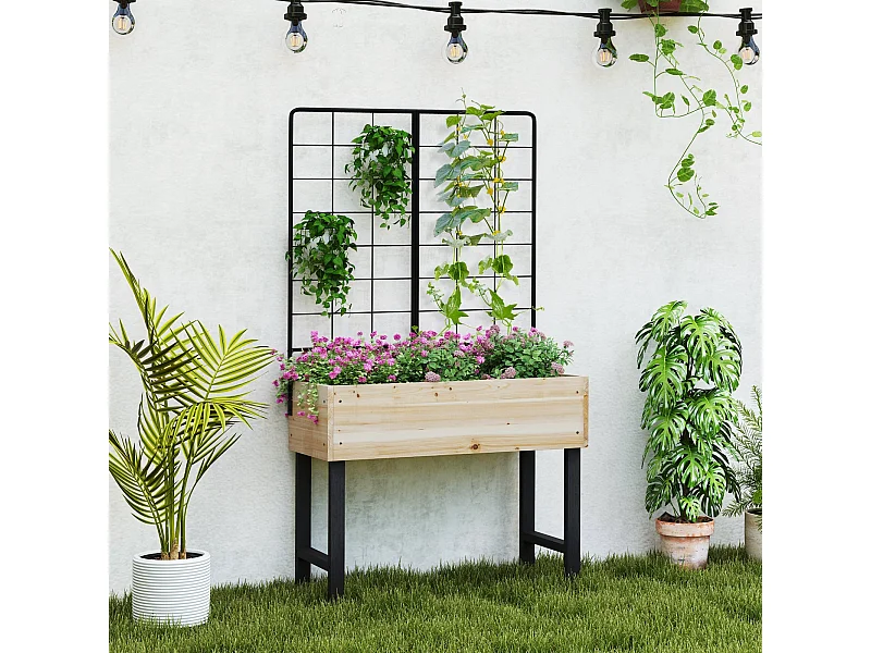 Jardinière Surélevée avec Treillis Métallique Bac à Plantes Élevé en Bois avec Pieds pour Plante Grimpante Vigne Fleur Herbe Légume Fruit