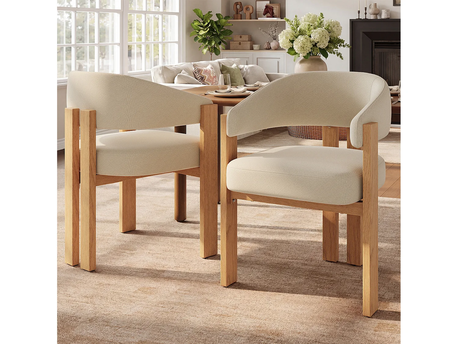 Lot de 2 Chaises de salle à manger ergonomique - 57.5 x 43 x 78 cm - avec rembourrage + pieds en fer - Flanelle - beige + naturel