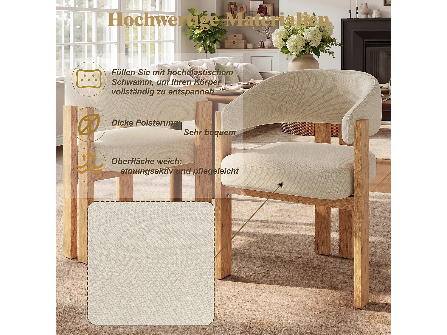 Lot de 2 Chaises de salle à manger ergonomique - 57.5 x 43 x 78 cm - avec rembourrage + pieds en fer - Flanelle - beige + naturel