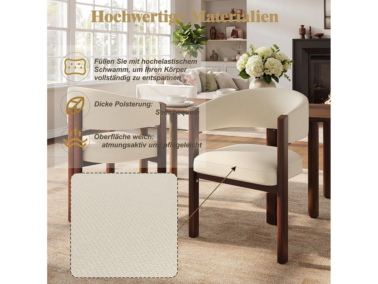 Lot de 2 Chaises de salle à manger - 53 x 47.5 x 85.5 cm - avec rembourrage + pieds réglables en fer - Flanelle - beige + marron