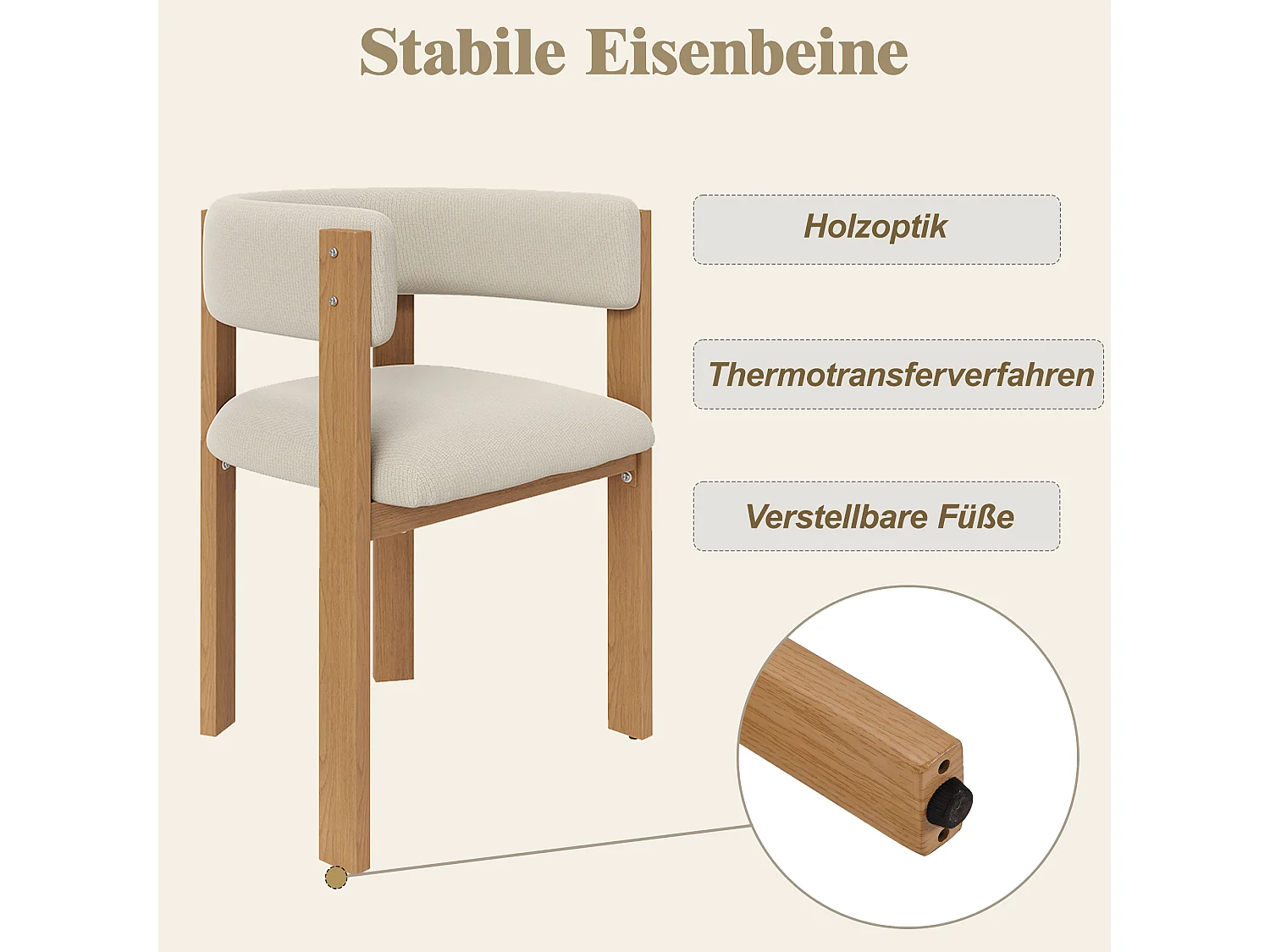 Lot de 2 Chaises de salle à manger ergonomique - 54.5 x 44 x 72.5 cm - avec rembourrage + pieds en fer - Flanelle - beige + naturel