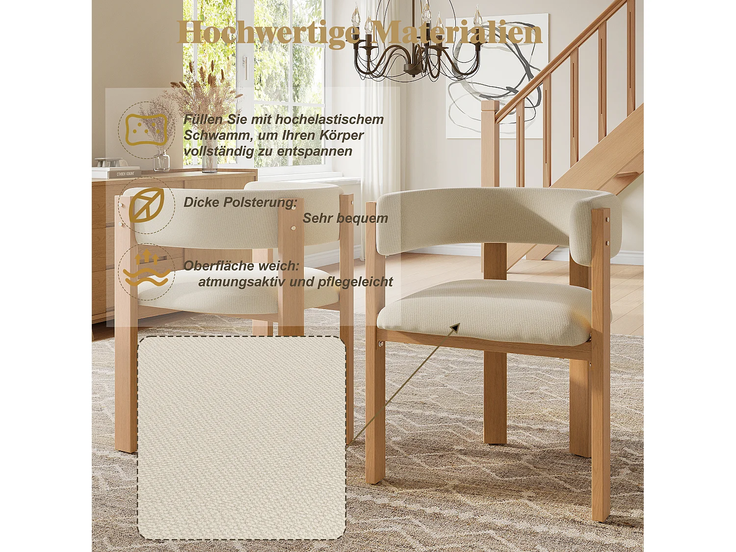 Lot de 6 Chaises de salle à manger ergonomique - 54.5 x 44 x 72.5 cm - avec rembourrage + pieds en fer - Flanelle - beige + naturel