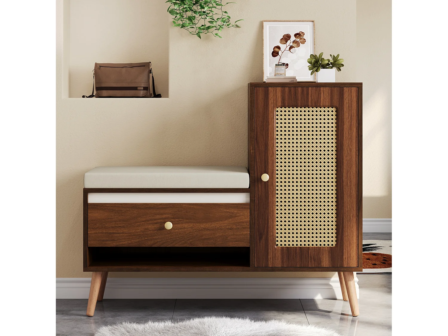 Schuhschrank aus Rattan – 95,5 x 35 x 80,5 cm – mit Tür, Sitzkissen, Schublade und offenem Stauraum – MDF – braun