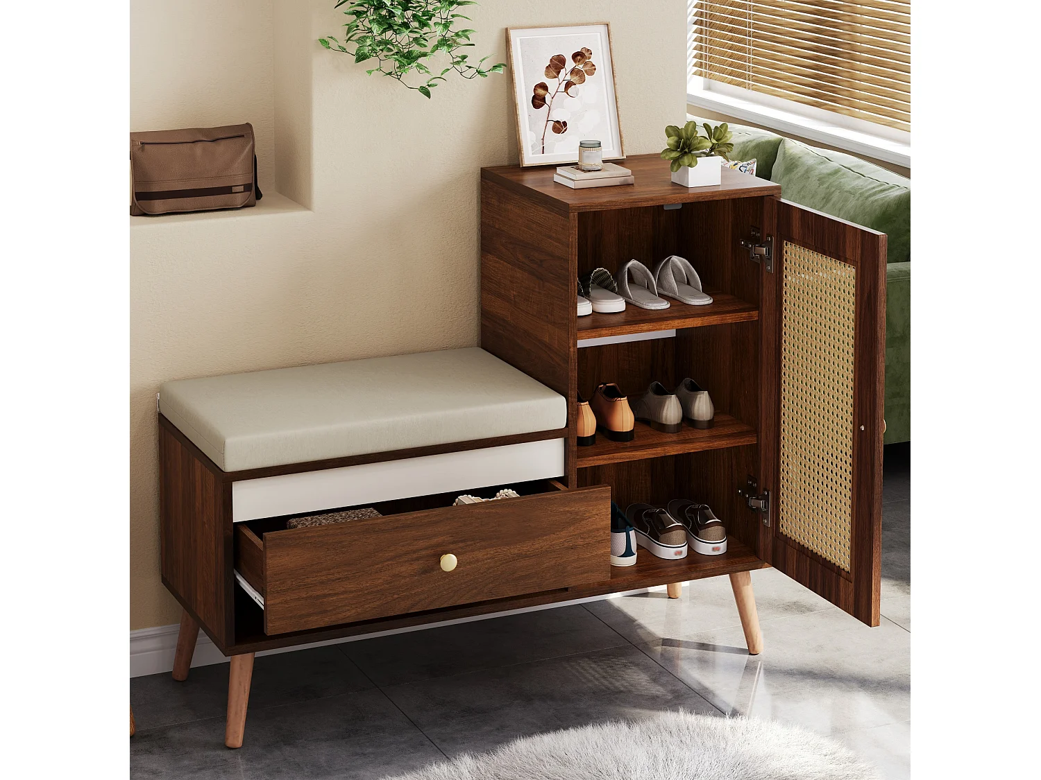 Schuhschrank aus Rattan – 95,5 x 35 x 80,5 cm – mit Tür, Sitzkissen, Schublade und offenem Stauraum – MDF – braun