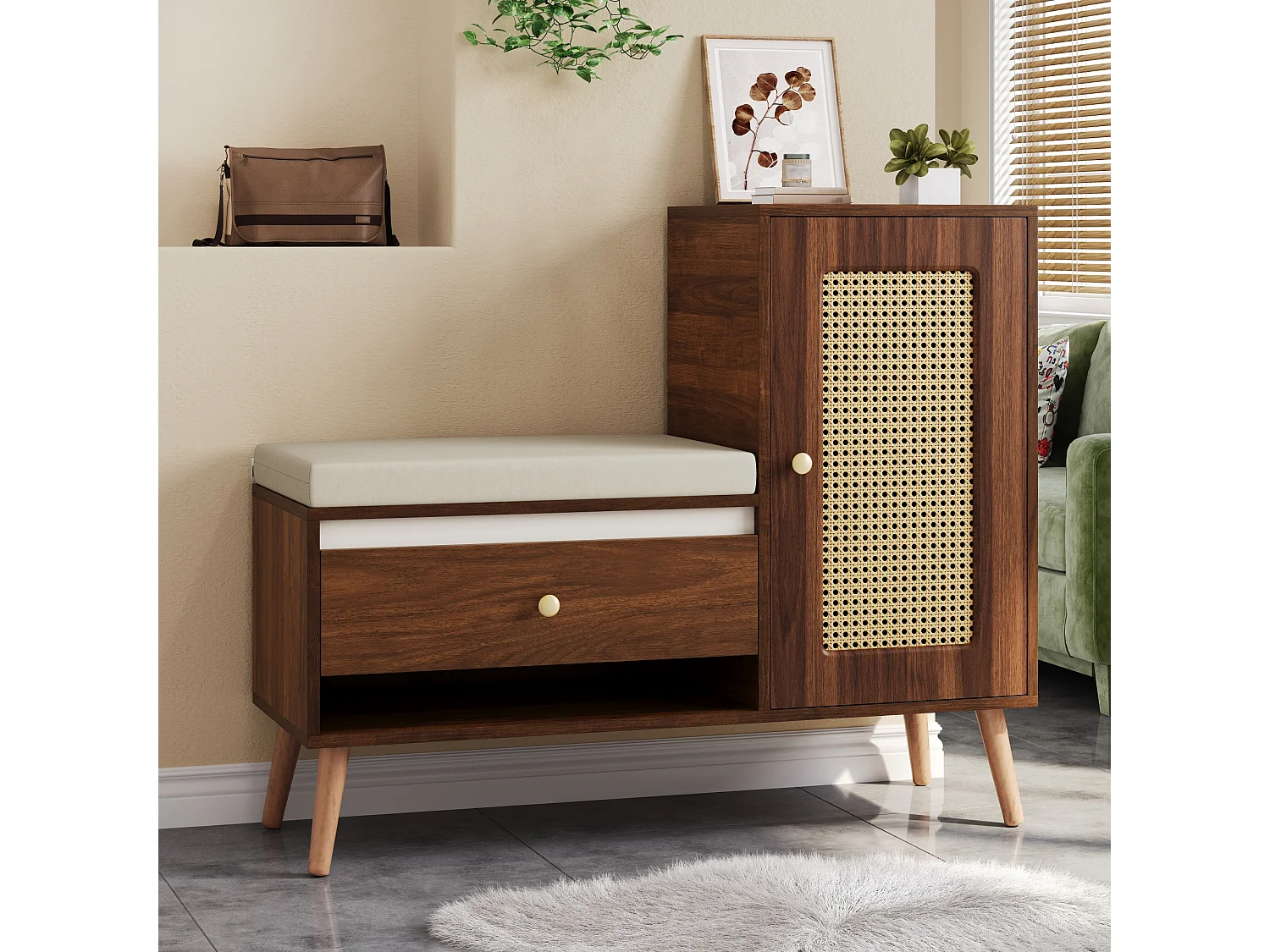 Schuhschrank aus Rattan – 95,5 x 35 x 80,5 cm – mit Tür, Sitzkissen, Schublade und offenem Stauraum – MDF – braun
