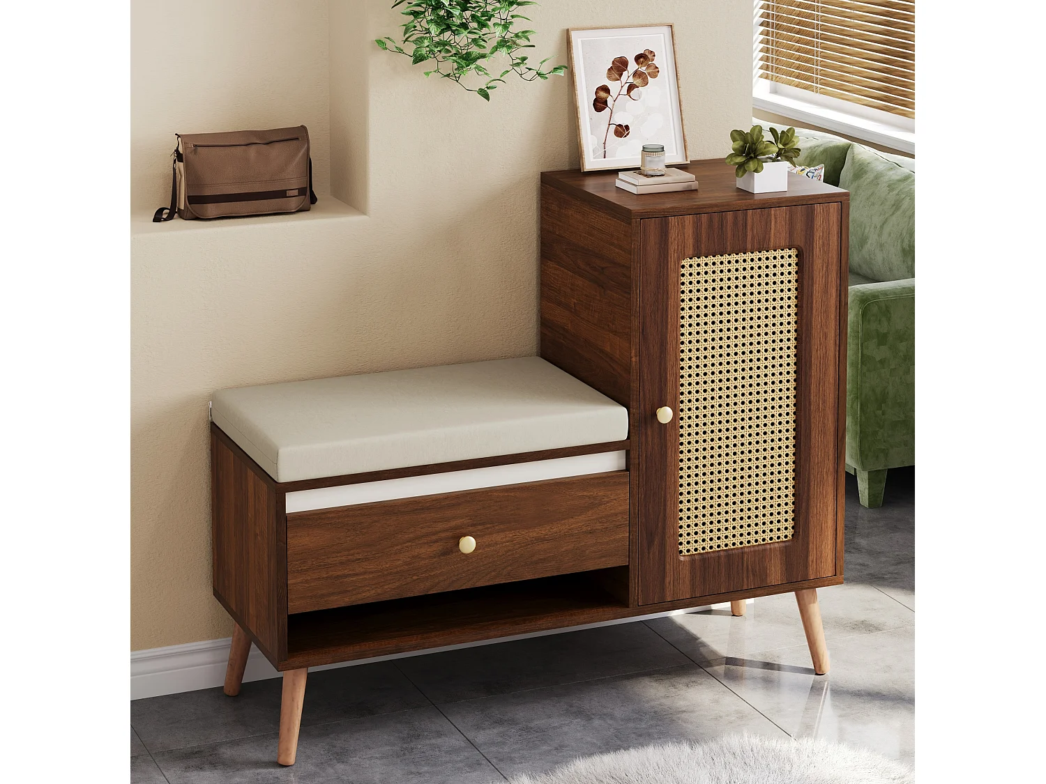 Schuhschrank aus Rattan – 95,5 x 35 x 80,5 cm – mit Tür, Sitzkissen, Schublade und offenem Stauraum – MDF – braun