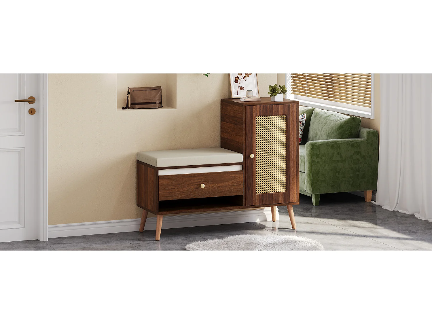 Schuhschrank aus Rattan – 95,5 x 35 x 80,5 cm – mit Tür, Sitzkissen, Schublade und offenem Stauraum – MDF – braun