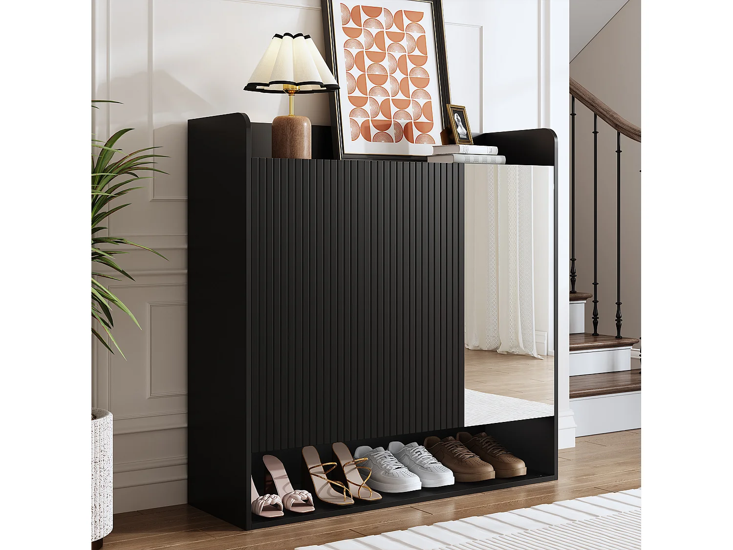 Schuhschrank mit vertikalen Streifen – 110 x 35,5 x 110 cm – mit Spiegel, 2 Türen und Einlegeboden – MDF und Spanplatte – schwarz