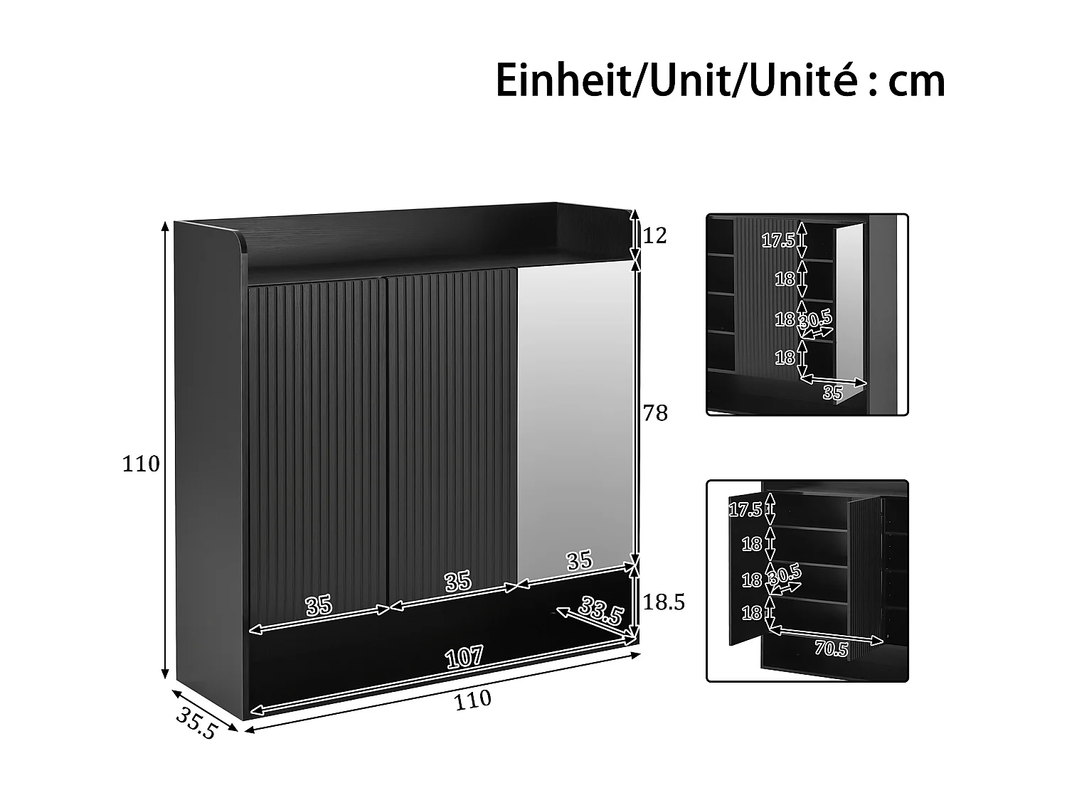 Schuhschrank mit vertikalen Streifen – 110 x 35,5 x 110 cm – mit Spiegel, 2 Türen und Einlegeboden – MDF und Spanplatte – schwarz