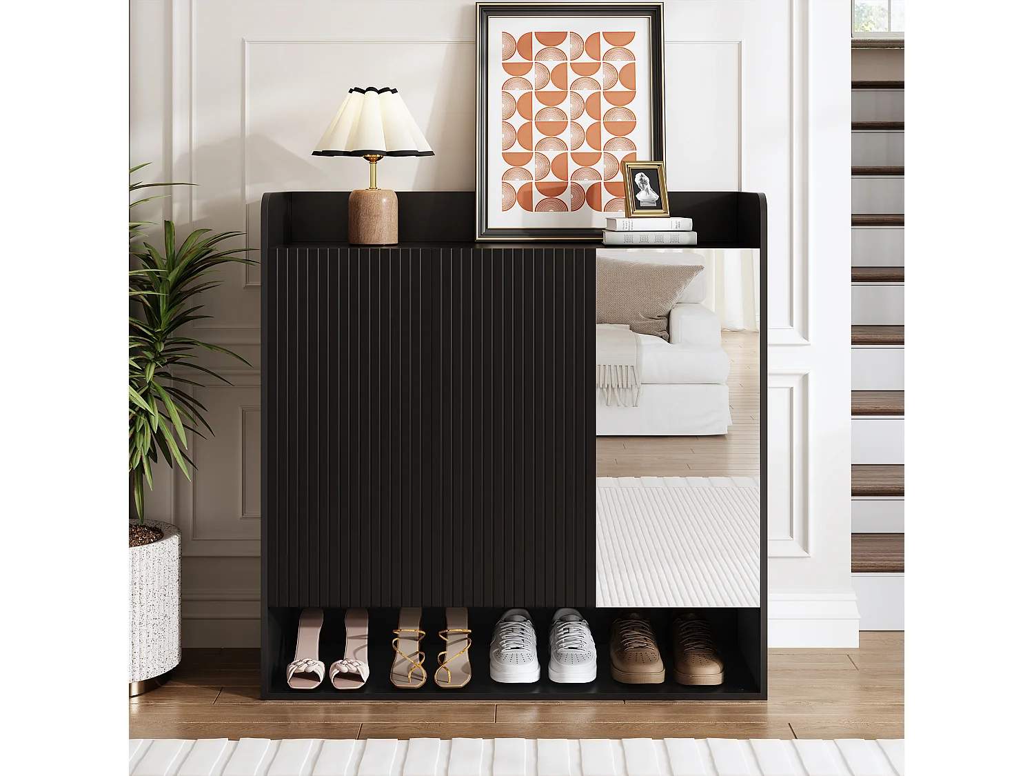 Schuhschrank mit vertikalen Streifen – 110 x 35,5 x 110 cm – mit Spiegel, 2 Türen und Einlegeboden – MDF und Spanplatte – schwarz