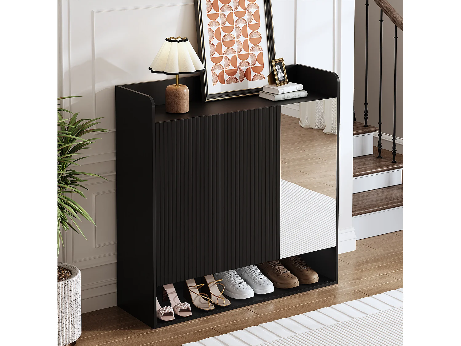 Schuhschrank mit vertikalen Streifen – 110 x 35,5 x 110 cm – mit Spiegel, 2 Türen und Einlegeboden – MDF und Spanplatte – schwarz