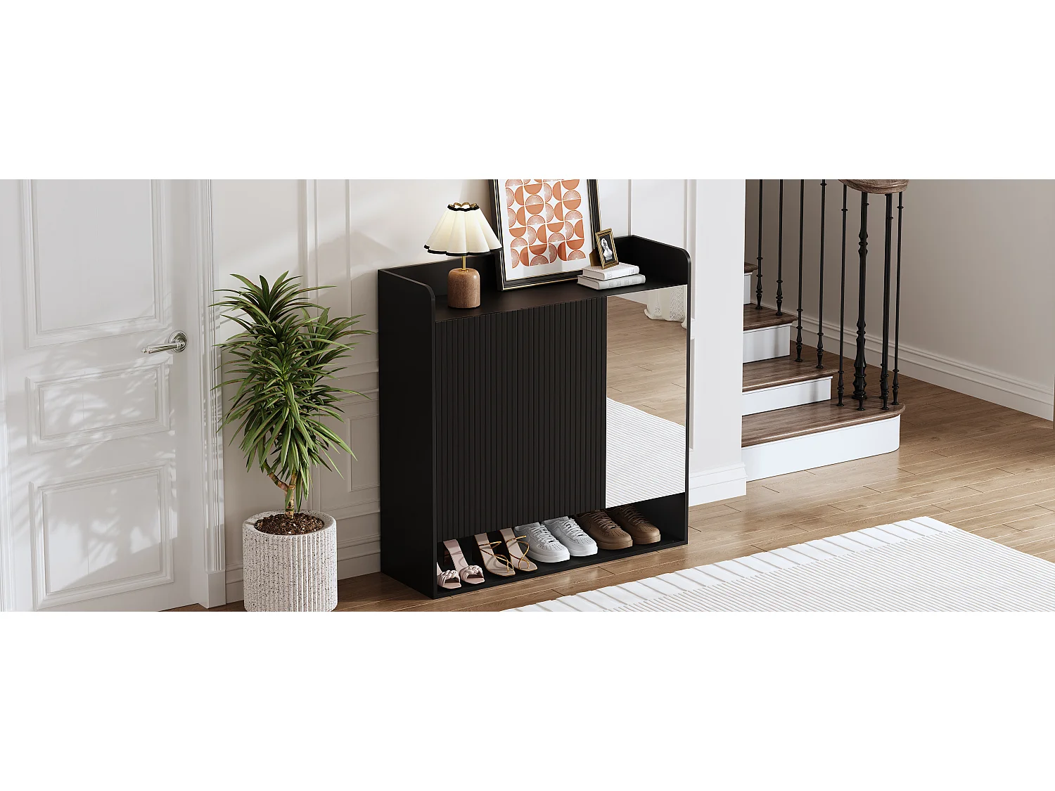 Schuhschrank mit vertikalen Streifen – 110 x 35,5 x 110 cm – mit Spiegel, 2 Türen und Einlegeboden – MDF und Spanplatte – schwarz