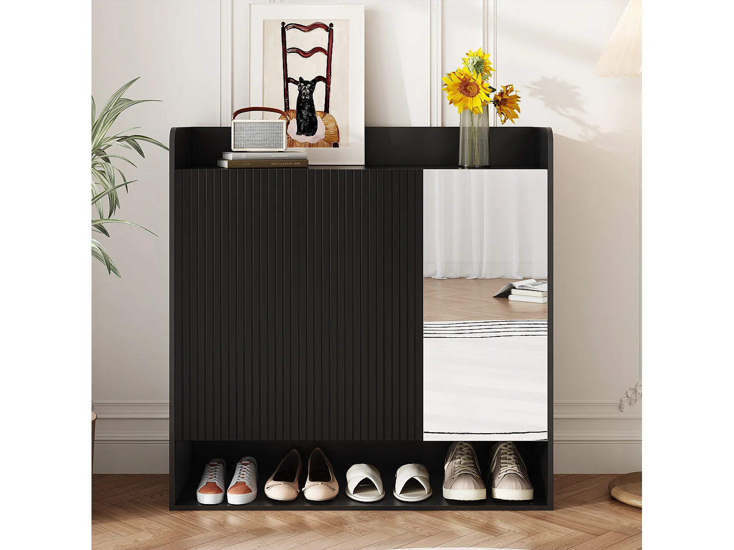 Schuhschrank mit vertikalen Streifen – 110 x 35,5 x 110 cm – mit Spiegel, 2 Türen und Einlegeboden – MDF und Spanplatte – schwarz