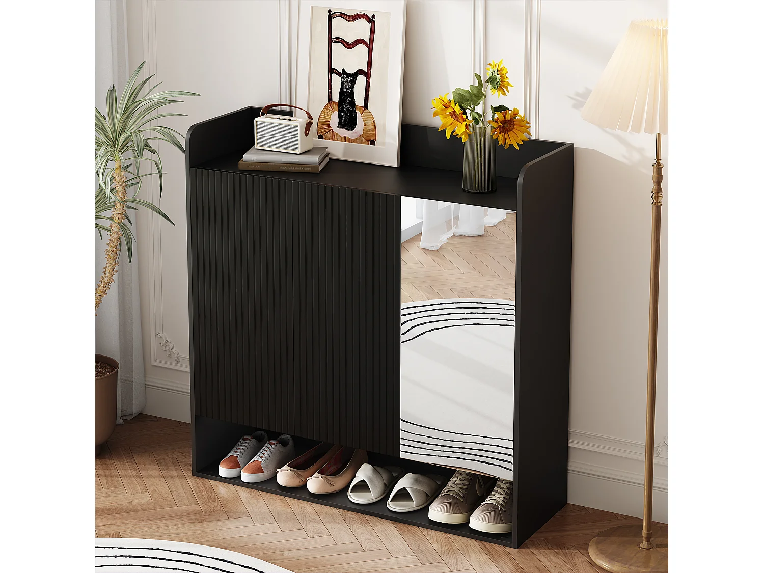 Schuhschrank mit vertikalen Streifen – 110 x 35,5 x 110 cm – mit Spiegel, 2 Türen und Einlegeboden – MDF und Spanplatte – schwarz