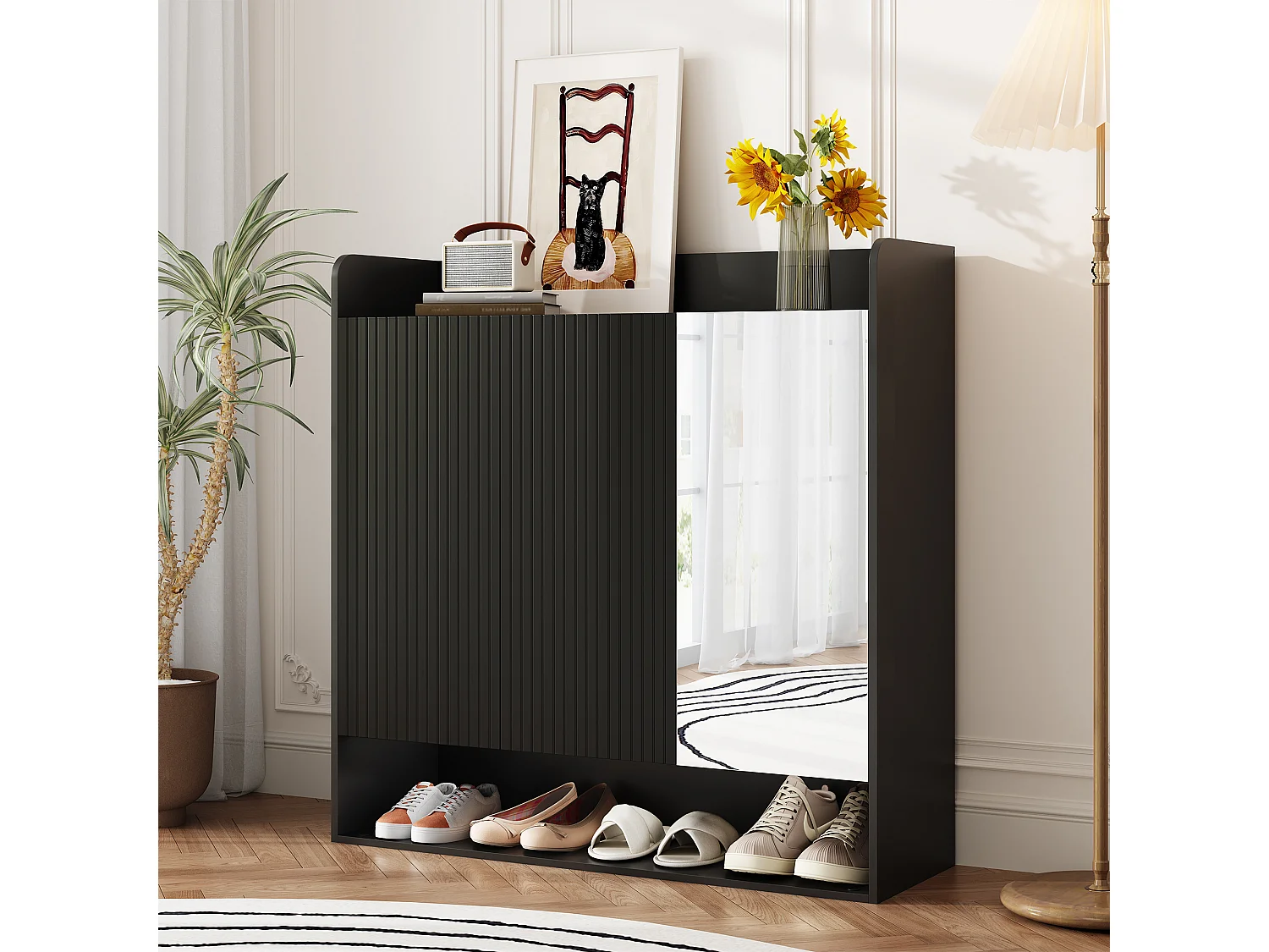 Schuhschrank mit vertikalen Streifen – 110 x 35,5 x 110 cm – mit Spiegel, 2 Türen und Einlegeboden – MDF und Spanplatte – schwarz