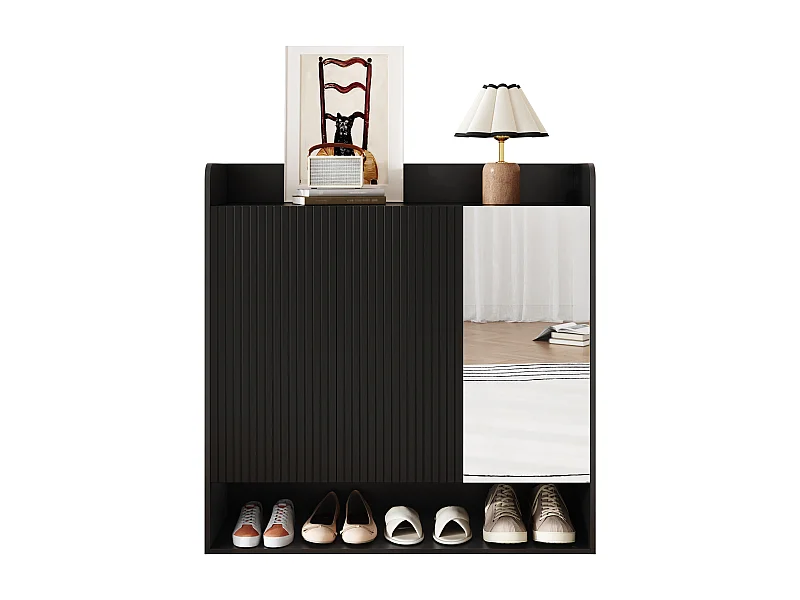 Schuhschrank mit vertikalen Streifen – 110 x 35,5 x 110 cm – mit Spiegel, 2 Türen und Einlegeboden – MDF und Spanplatte – schwarz