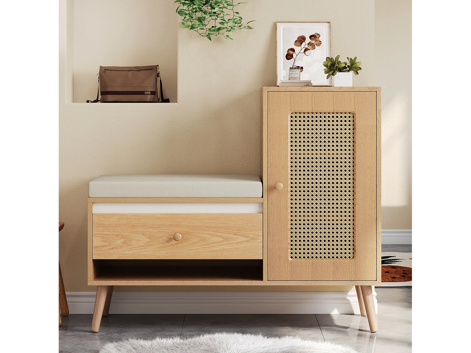 Schuhschrank aus Rattan – 95,5 x 35 x 80,5 cm – mit Tür, Sitzkissen, Schublade und offenem Stauraum – MDF – natur