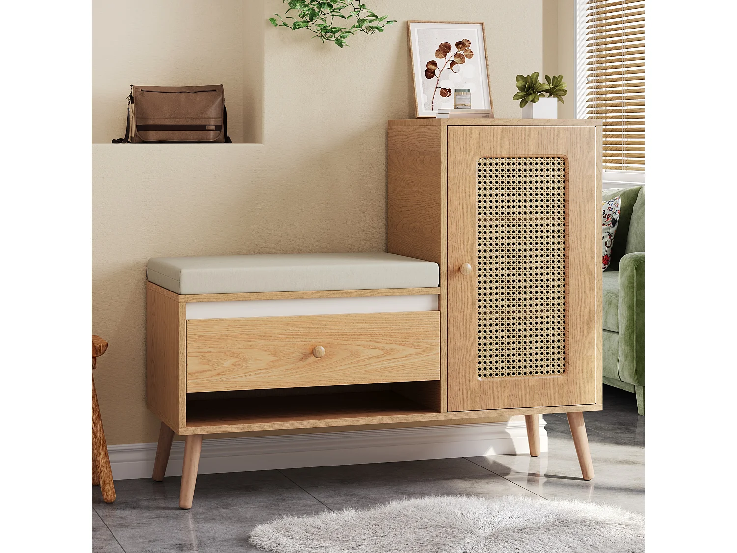 Schuhschrank aus Rattan – 95,5 x 35 x 80,5 cm – mit Tür, Sitzkissen, Schublade und offenem Stauraum – MDF – natur