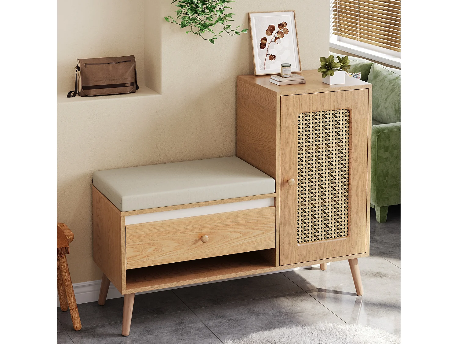 Schuhschrank aus Rattan – 95,5 x 35 x 80,5 cm – mit Tür, Sitzkissen, Schublade und offenem Stauraum – MDF – natur