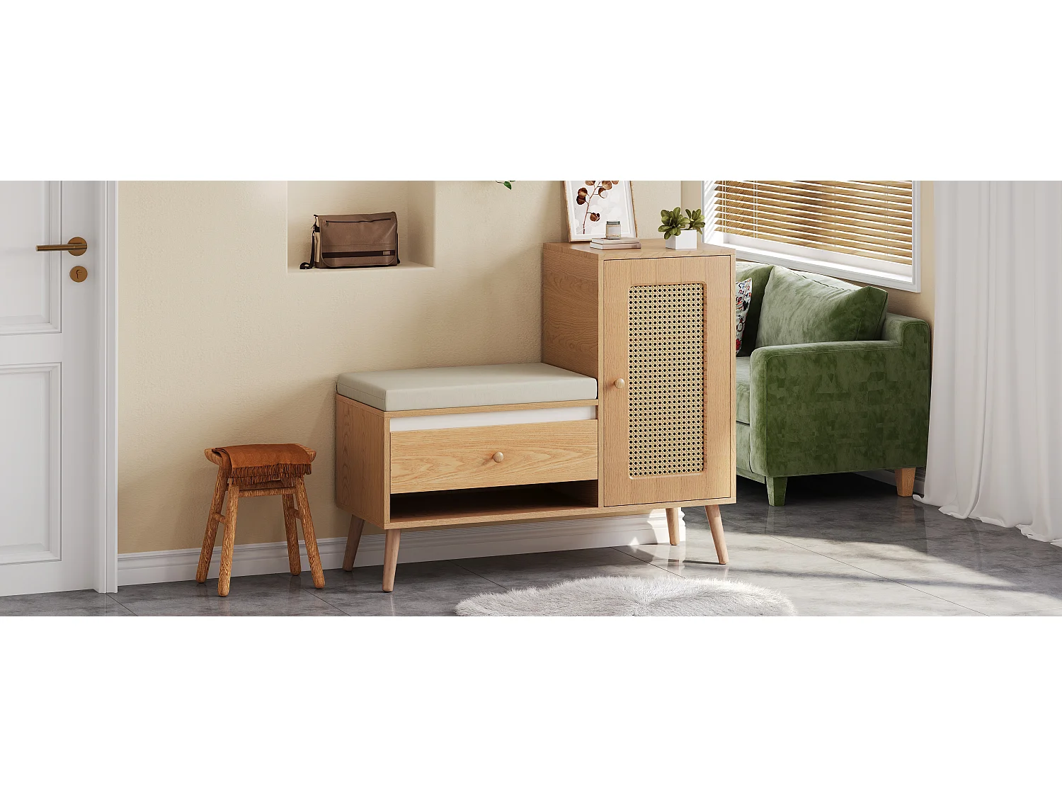 Schuhschrank aus Rattan – 95,5 x 35 x 80,5 cm – mit Tür, Sitzkissen, Schublade und offenem Stauraum – MDF – natur