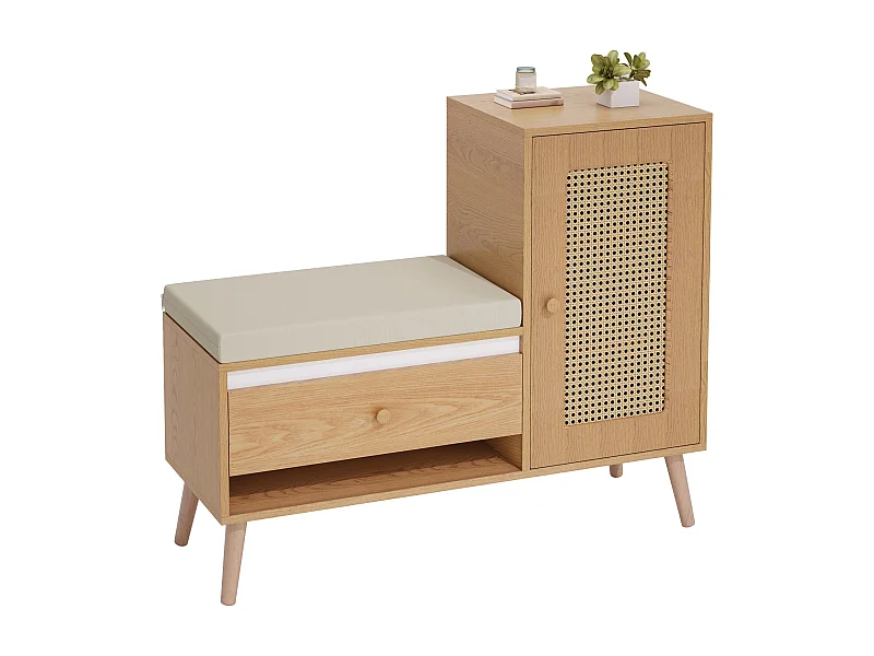 Schuhschrank aus Rattan – 95,5 x 35 x 80,5 cm – mit Tür, Sitzkissen, Schublade und offenem Stauraum – MDF – natur