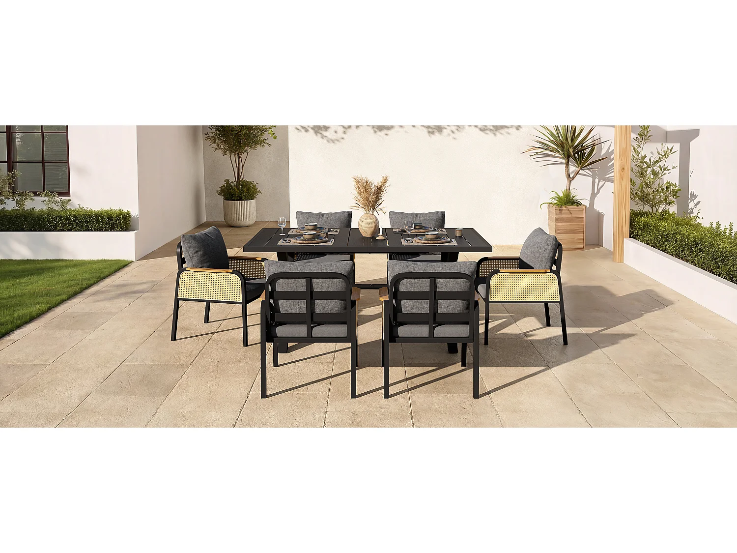 Nowoczesny zestaw mebli ogrodowych - rama żelazna - podłokietniki tkane - z poduszkami na siedziska + stół + 6 krzeseł - czarny