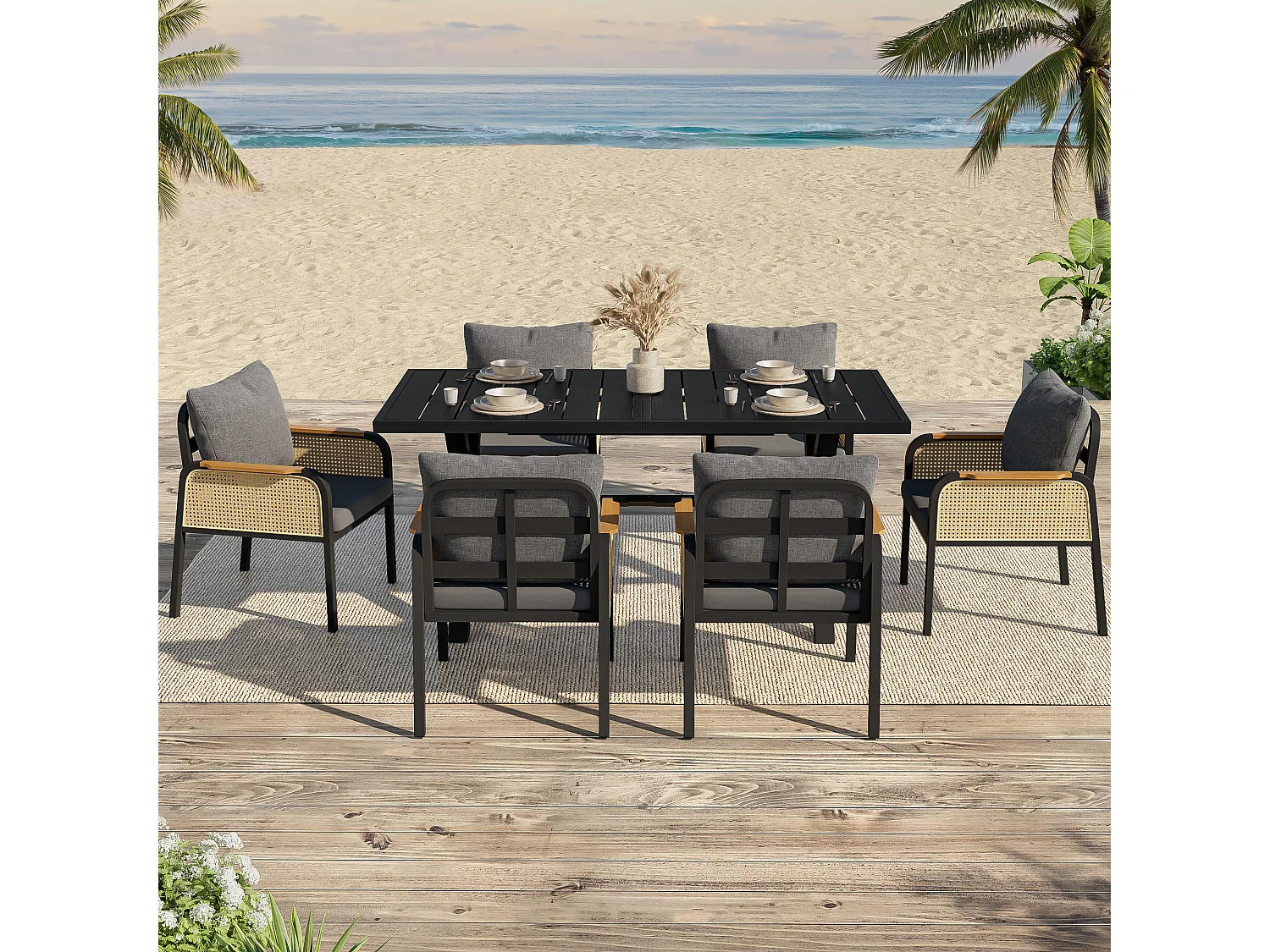 Nowoczesny zestaw mebli ogrodowych - rama żelazna - podłokietniki tkane - z poduszkami na siedziska + stół + 6 krzeseł - czarny