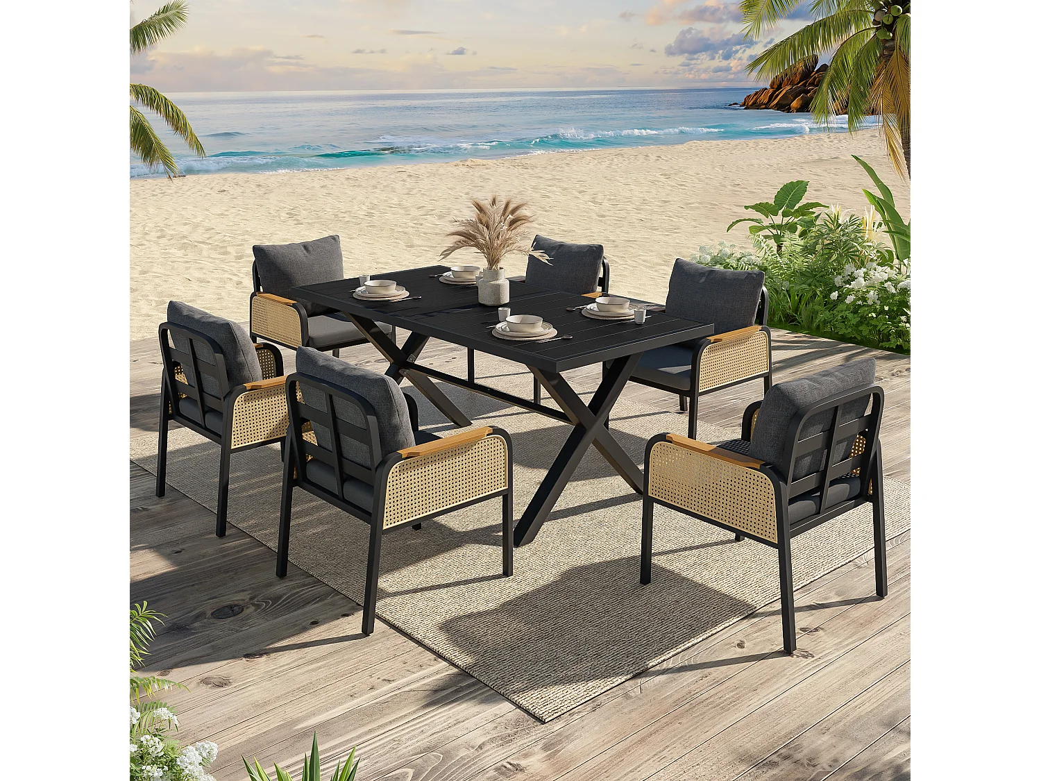 Nowoczesny zestaw mebli ogrodowych - rama żelazna - podłokietniki tkane - z poduszkami na siedziska + stół + 6 krzeseł - czarny