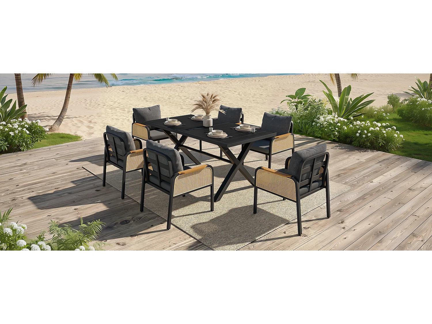 Nowoczesny zestaw mebli ogrodowych - rama żelazna - podłokietniki tkane - z poduszkami na siedziska + stół + 6 krzeseł - czarny