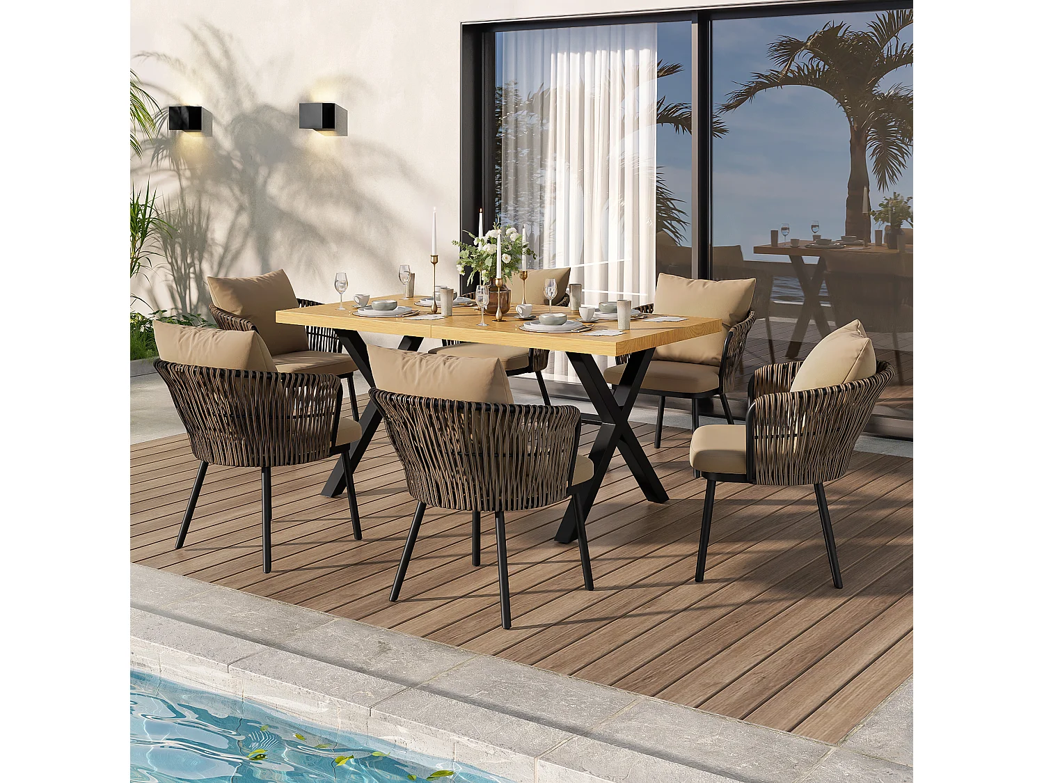 Ensemble salon de jardin en rotin - structure en fer tressé - avec coussins d'assise + table + 6 chaises - kaki