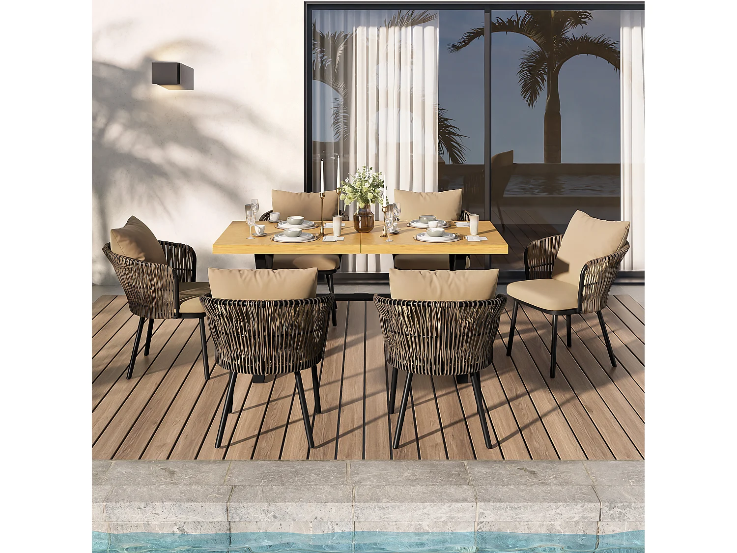 Ensemble salon de jardin en rotin - structure en fer tressé - avec coussins d'assise + table + 6 chaises - kaki