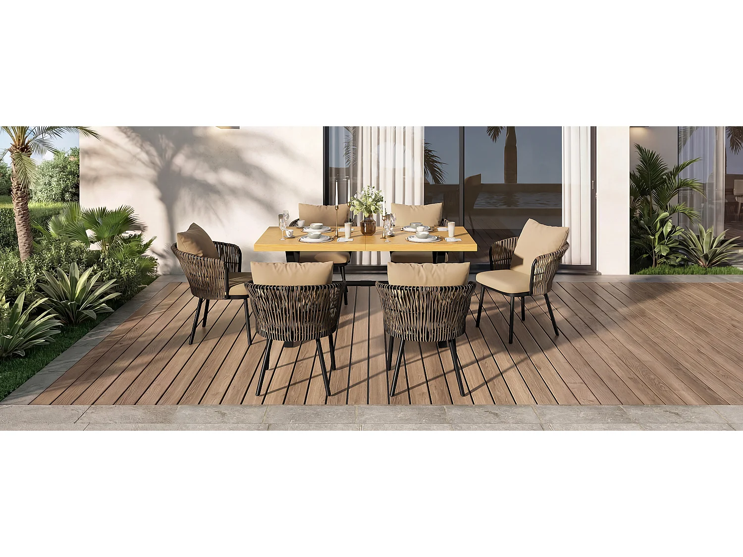 Ensemble salon de jardin en rotin - structure en fer tressé - avec coussins d'assise + table + 6 chaises - kaki