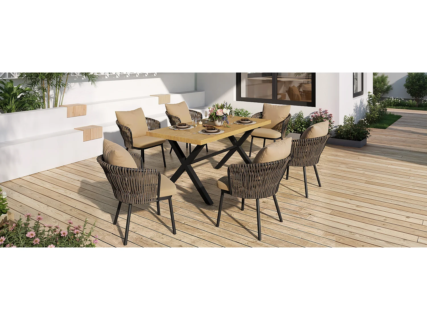 Ensemble salon de jardin en rotin - structure en fer tressé - avec coussins d'assise + table + 6 chaises - kaki