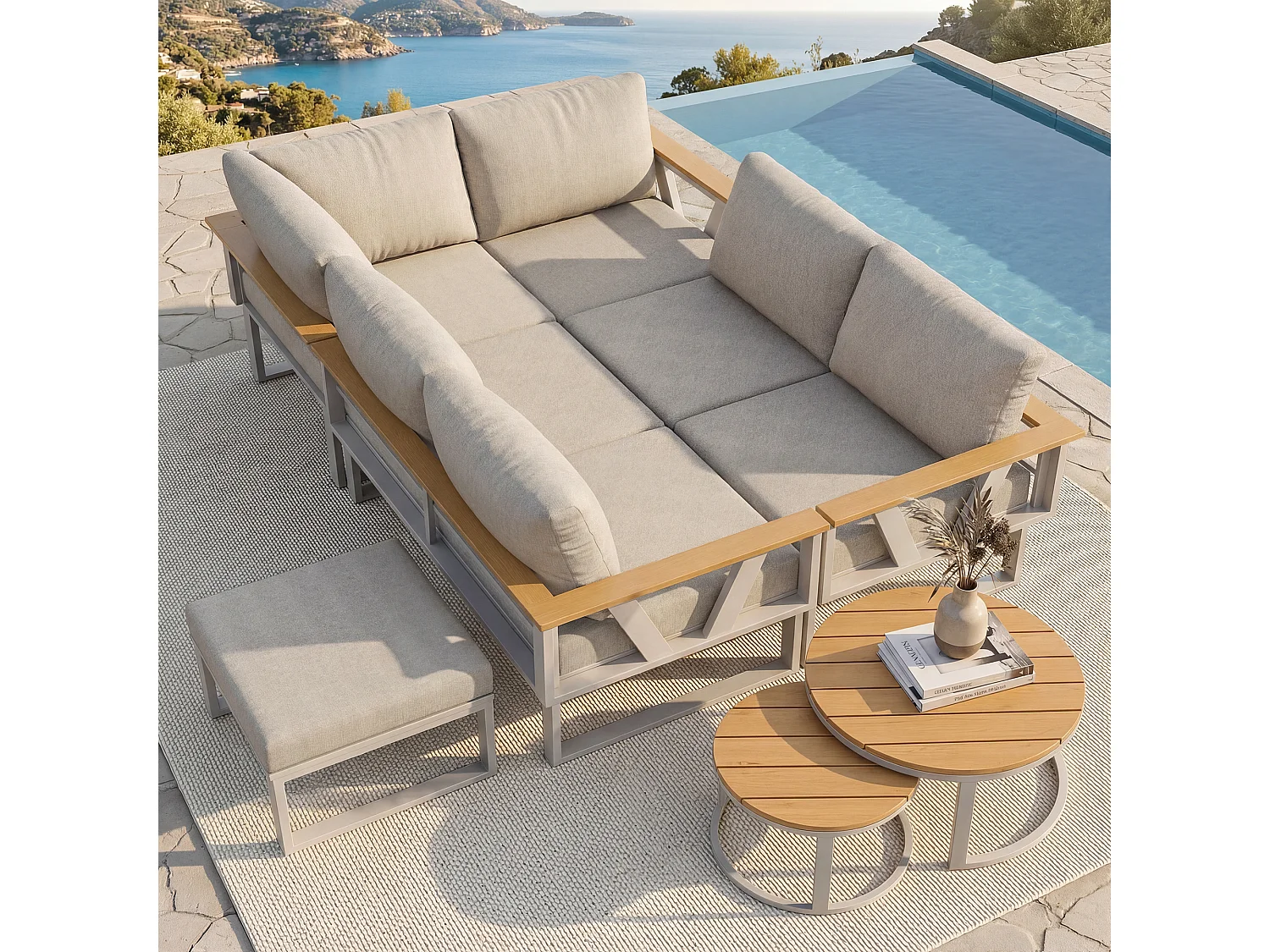 Modulares Gartenmöbelset – mit Kissen, 2 Tischen, Sessel, Hocker und Sofas – Metall – beige