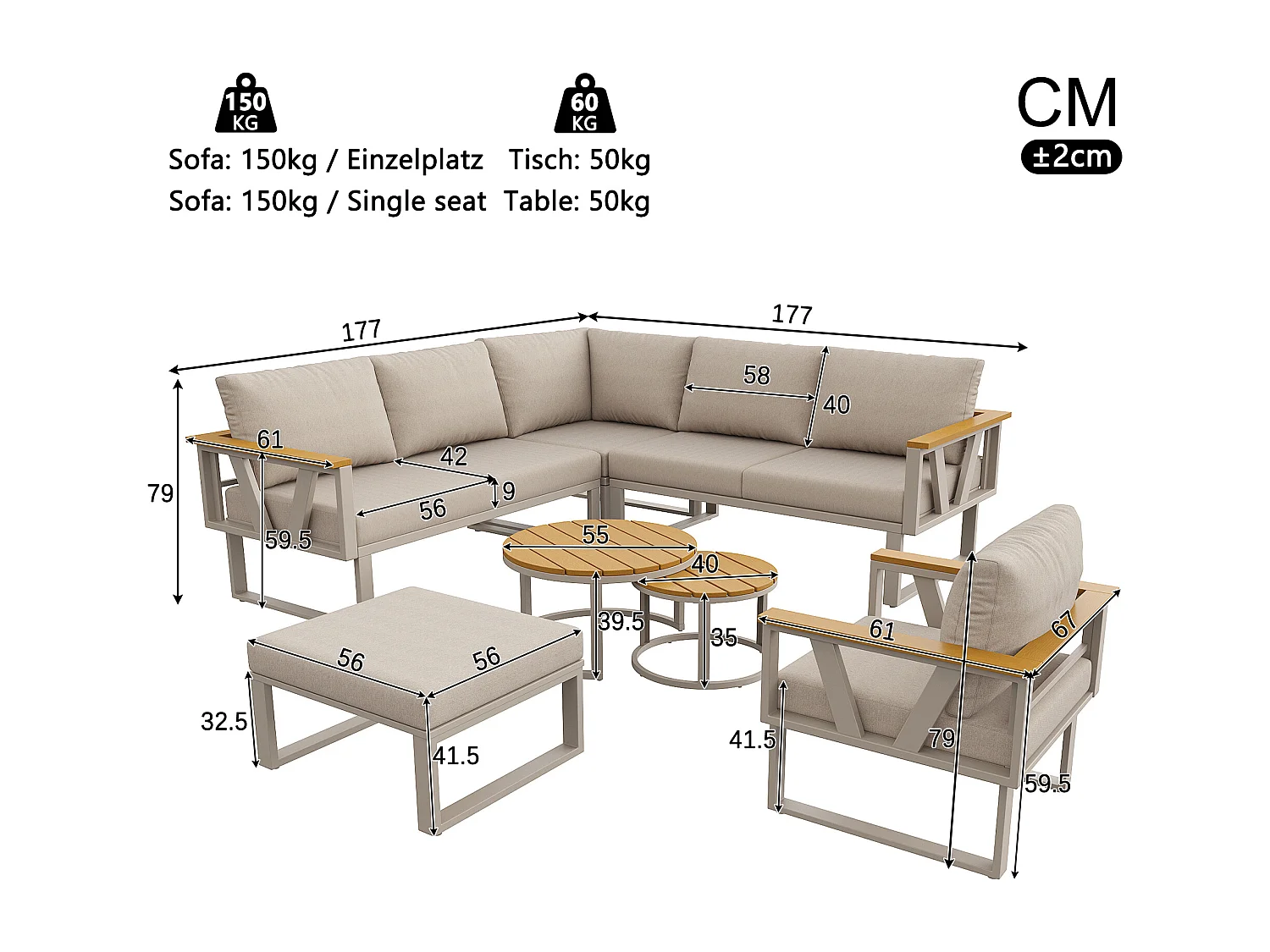Modulares Gartenmöbelset – mit Kissen, 2 Tischen, Sessel, Hocker und Sofas – Metall – beige