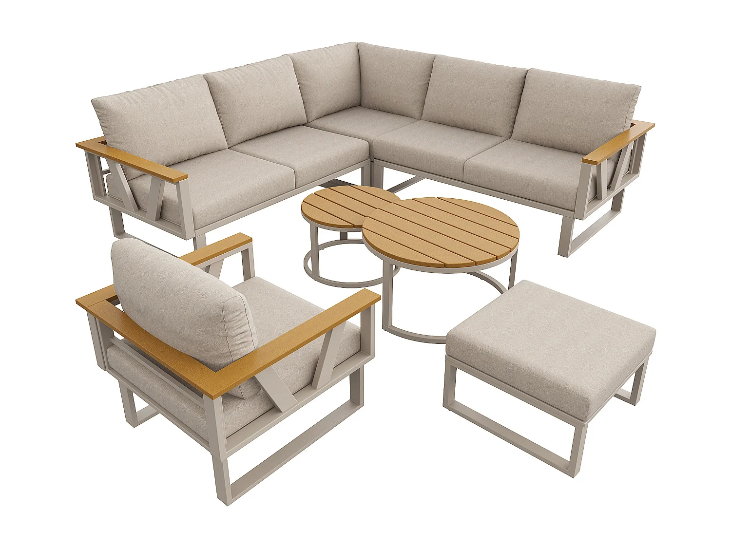 Modulares Gartenmöbelset – mit Kissen, 2 Tischen, Sessel, Hocker und Sofas – Metall – beige