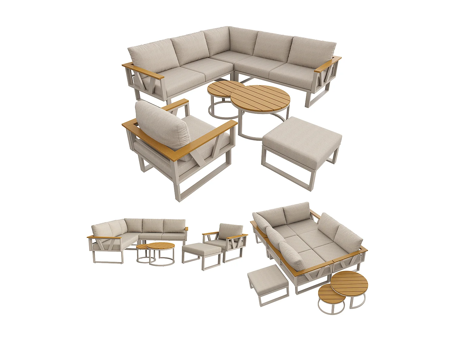 Modulares Gartenmöbelset – mit Kissen, 2 Tischen, Sessel, Hocker und Sofas – Metall – beige