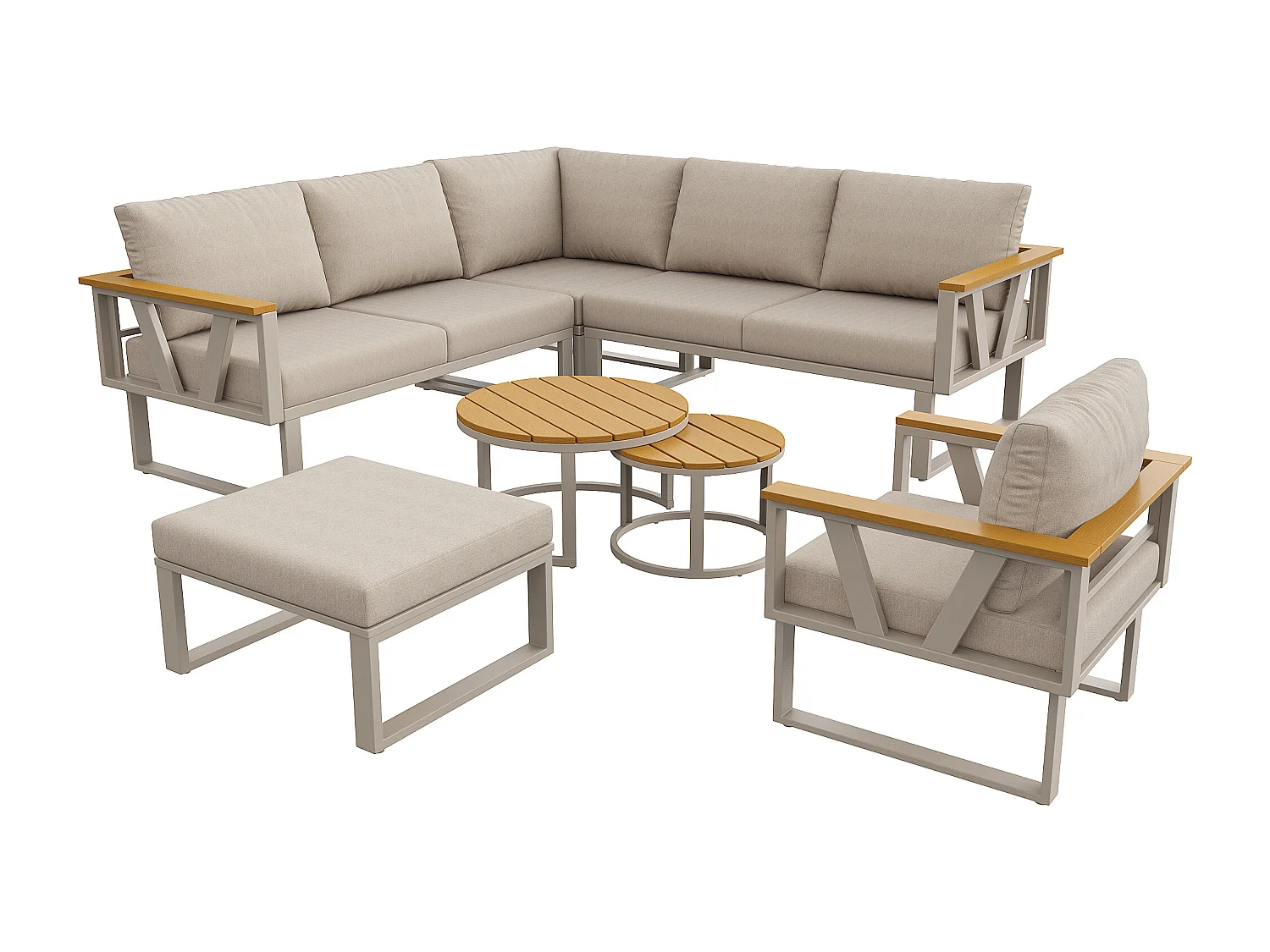 Modulares Gartenmöbelset – mit Kissen, 2 Tischen, Sessel, Hocker und Sofas – Metall – beige